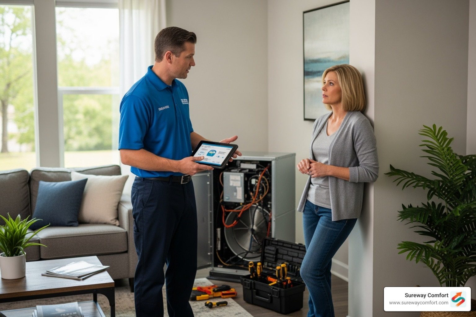 uniformed technician talking with homeowner - ac repair