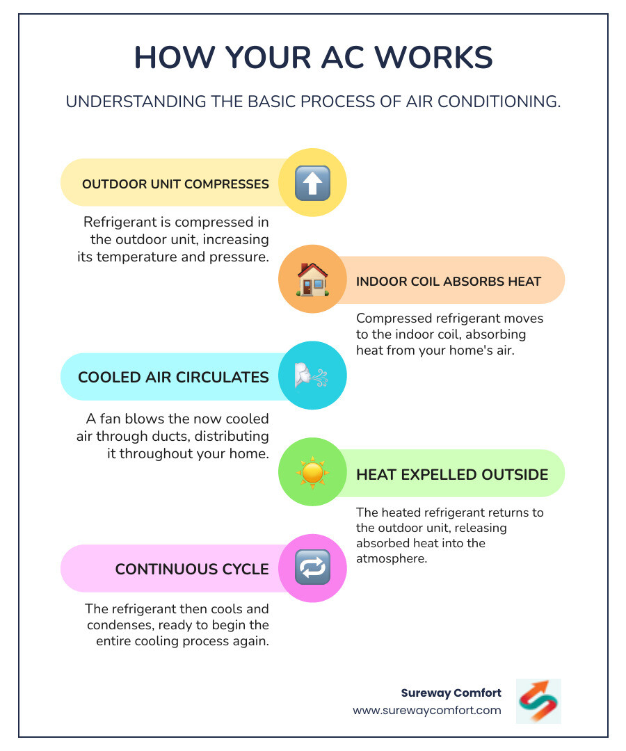 Infographic showing the basic AC cooling process: outdoor unit compresses refrigerant, indoor unit absorbs heat from home air, fan circulates cooled air through ducts, warm air is expelled outside - AC Repair infographic infographic-line-5-steps-colors