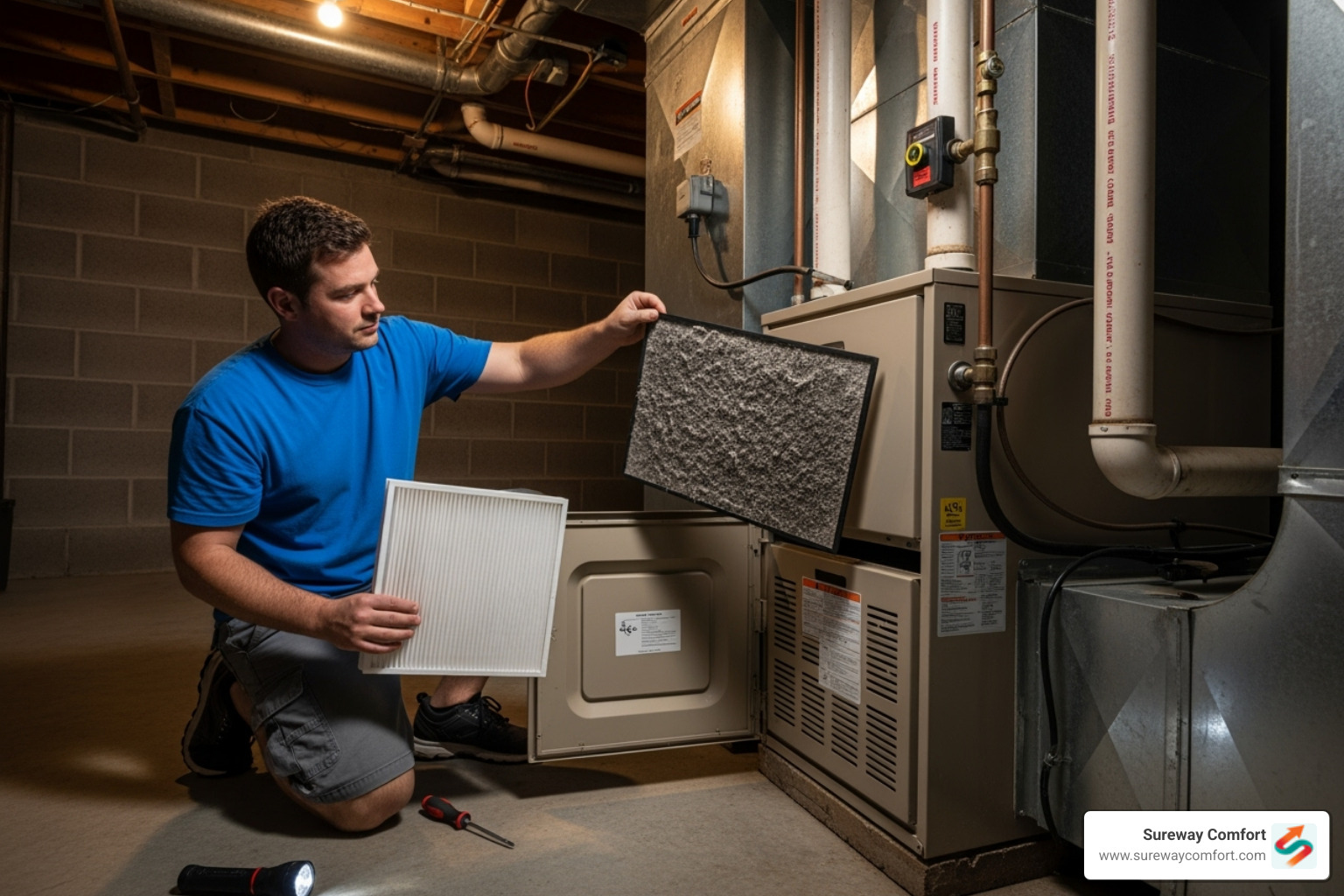 Homeowner replacing a dirty air filter - AC Repair
