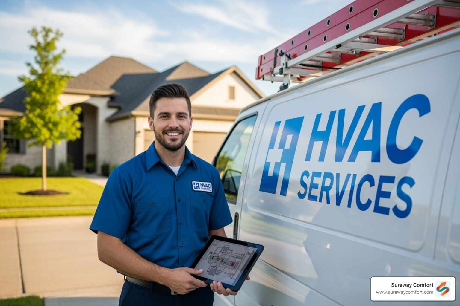 Professional, uniformed technician smiling next to a service van - AC Repair