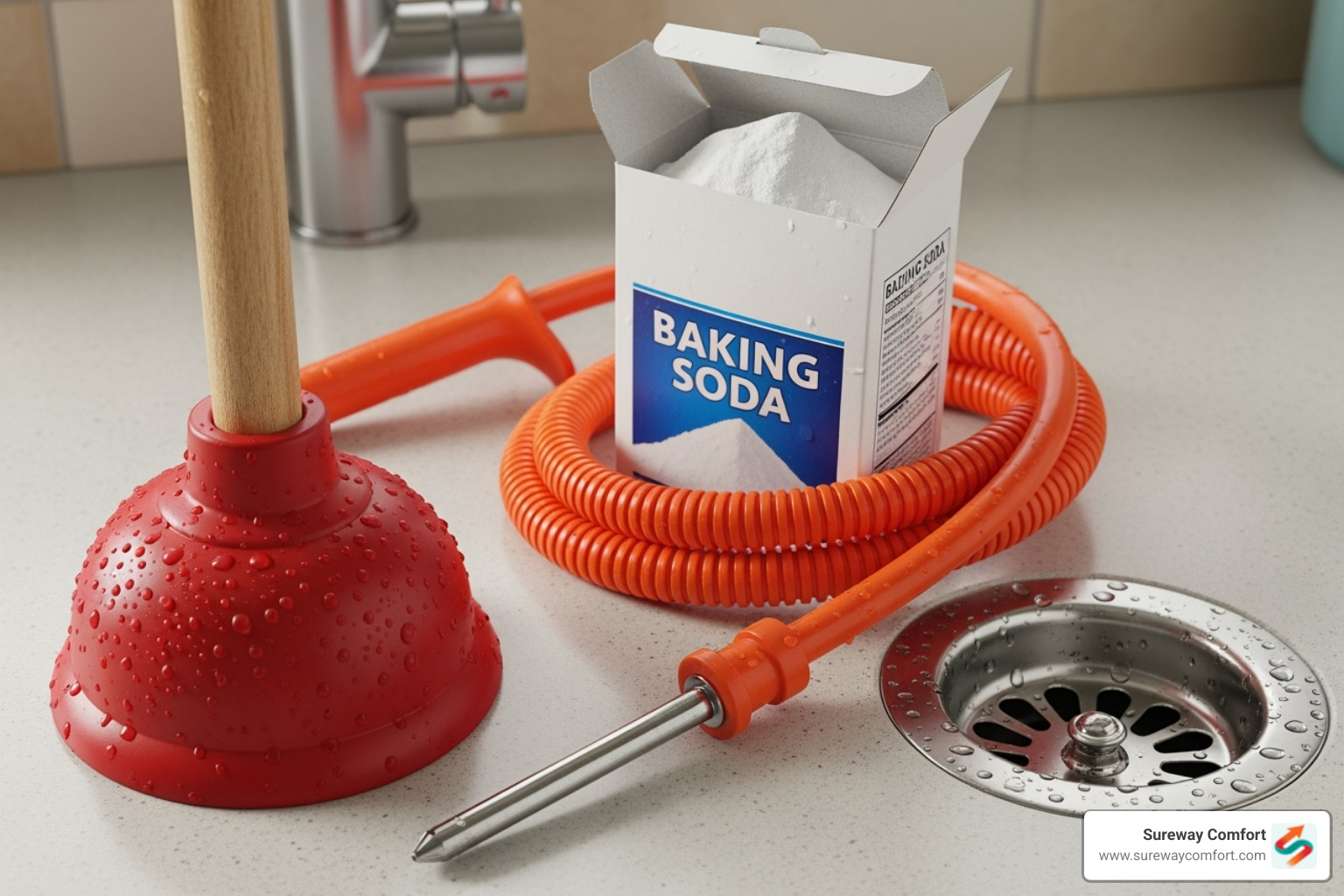 common DIY drain cleaning tools like a plunger, baking soda, and a drain snake - clear clogged drain