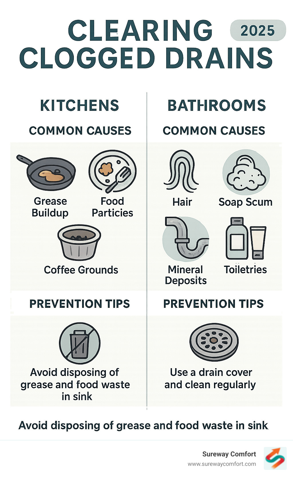 Infographic showing the most common causes of drain clogs in kitchens (grease buildup, food particles, coffee grounds) and bathrooms (hair, soap scum, mineral deposits, toiletries) with prevention tips for each area - clear clogged drain infographic 