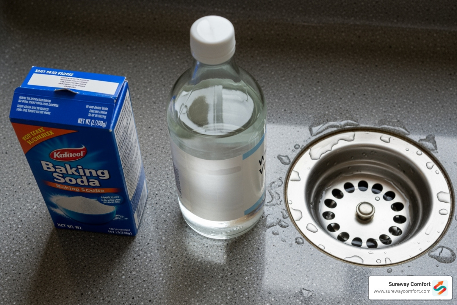 baking soda and vinegar next to a sink drain - clear clogged drain