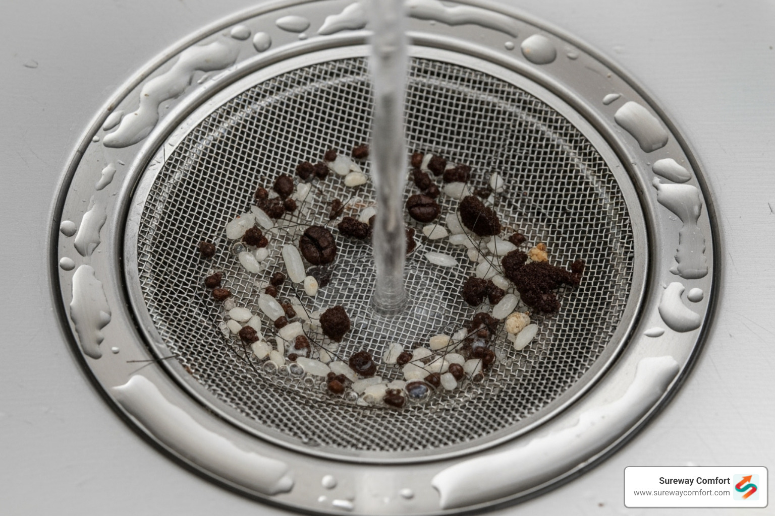 mesh drain screen in a sink catching debris - clear clogged drain