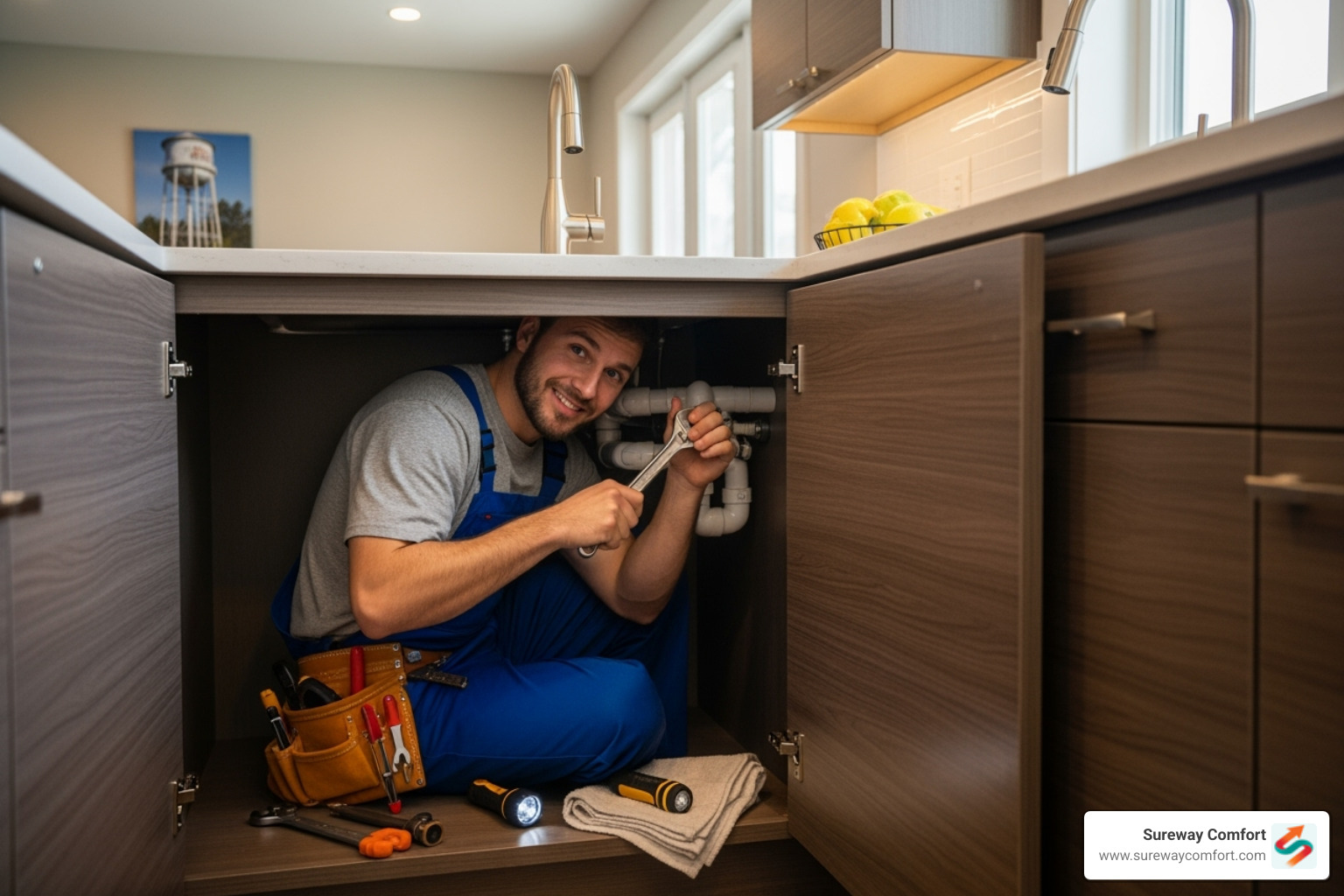 A plumber inside a kitchen rack fixing a sink pipe