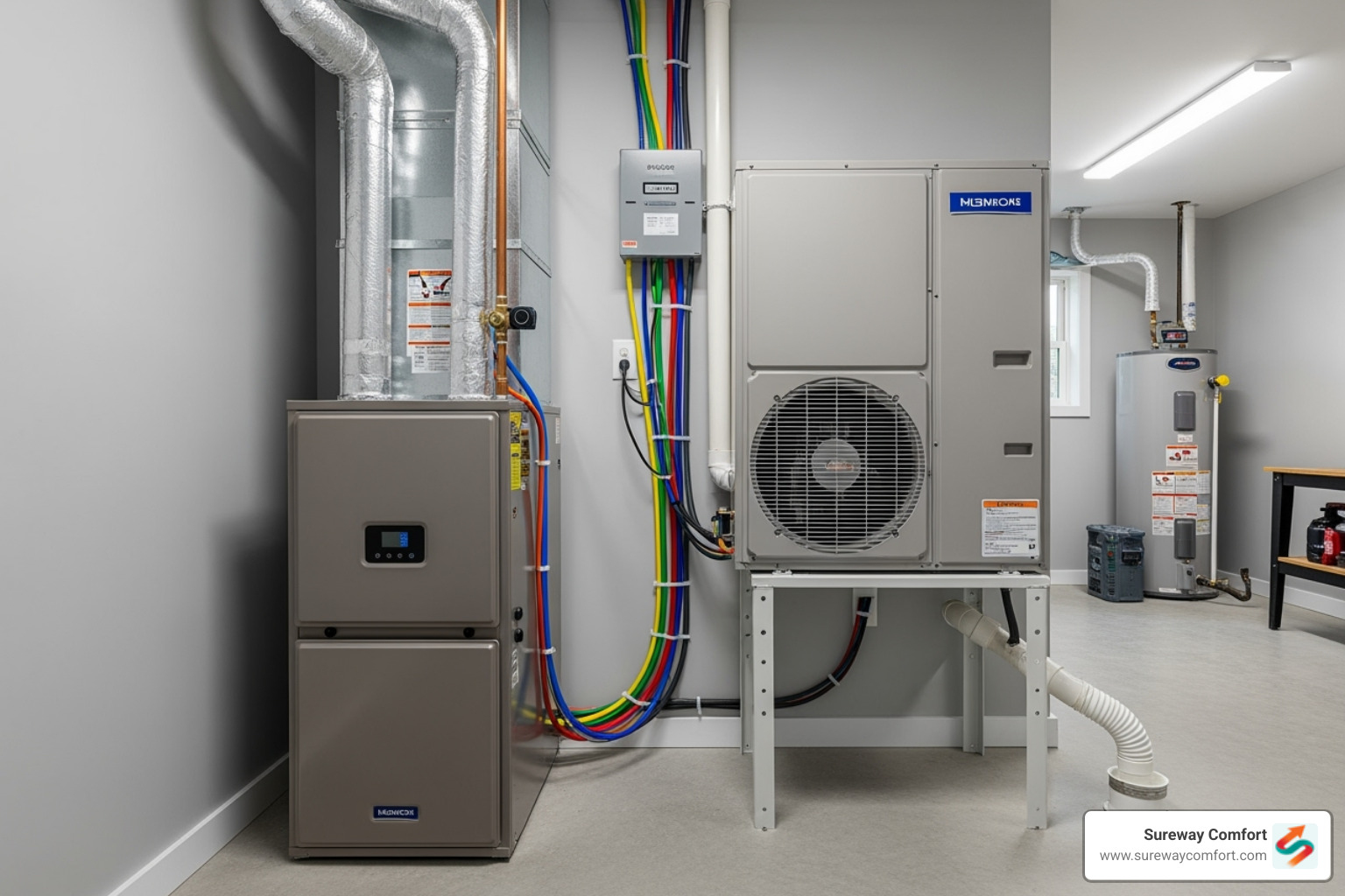 A modern high-efficiency furnace and AC unit, representing integrated home comfort systems - plumbing repair bethel park pa