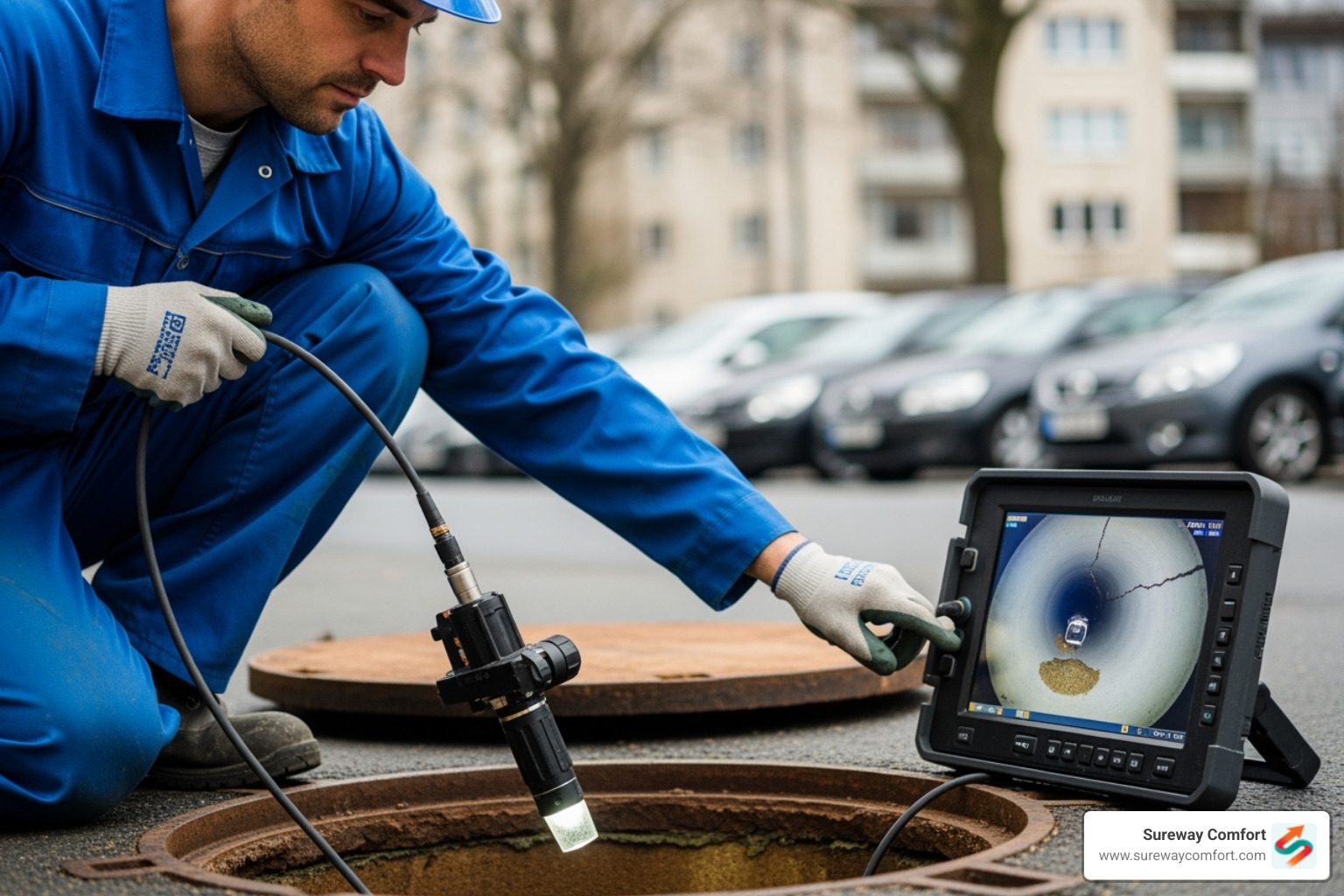 Technician using a video camera for a sewer line inspection - hydro jetting canonsburg Technician using a video camera for a sewer line inspection - hydro jetting canonsburg