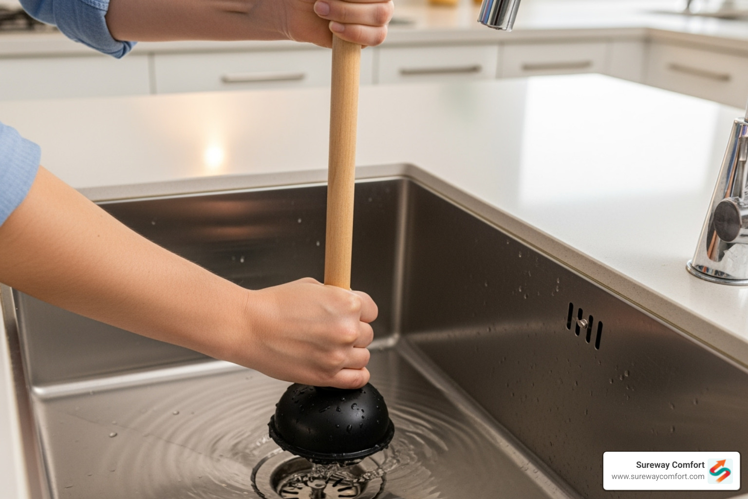 person using a sink plunger - clogged kitchen sink