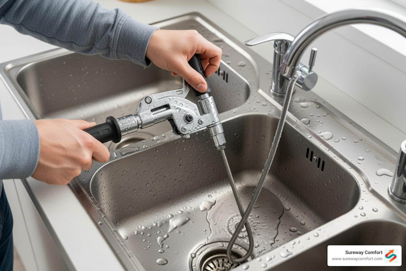 drain snake being used - clogged kitchen sink