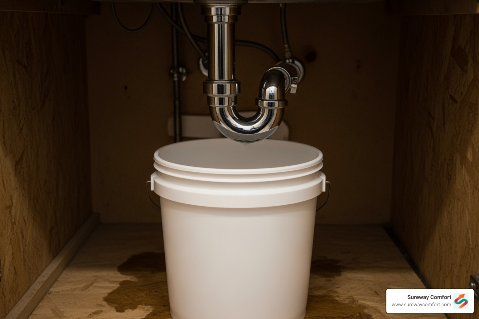 P-trap under a sink with a bucket - clogged kitchen sink