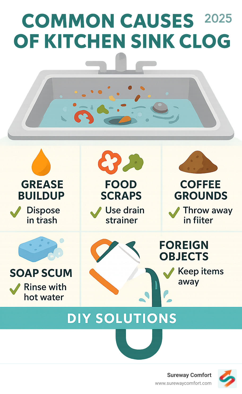 Common causes of kitchen sink clogs including grease buildup, food scraps, coffee grounds, soap scum, and foreign objects, with step-by-step prevention tips and DIY solutions - clogged kitchen sink infographic 