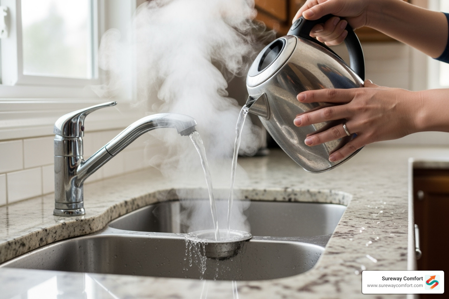 pouring boiling water down a sink drain - clogged kitchen sink