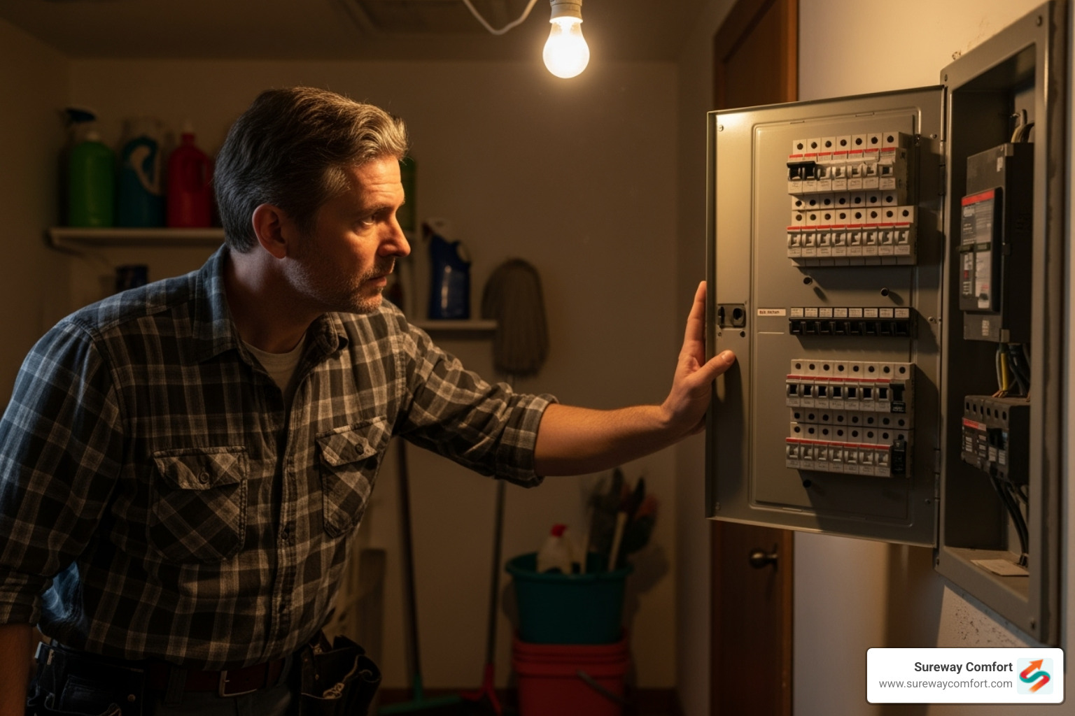 a homeowner safely looking at their home's circuit breaker panel - ac compressor repair