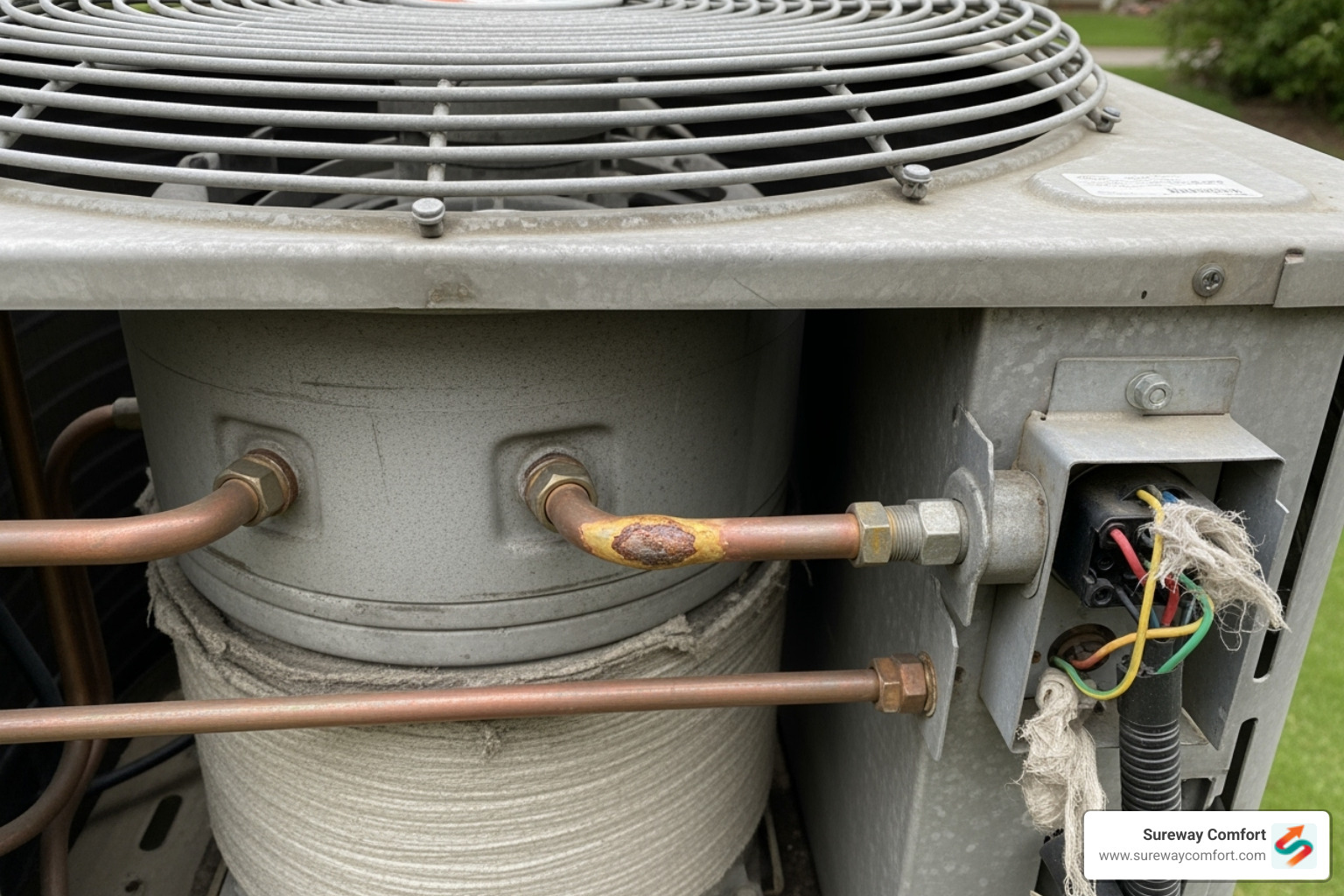 a close-up on an AC compressor showing potential problem areas like wiring and refrigerant lines - ac compressor repair