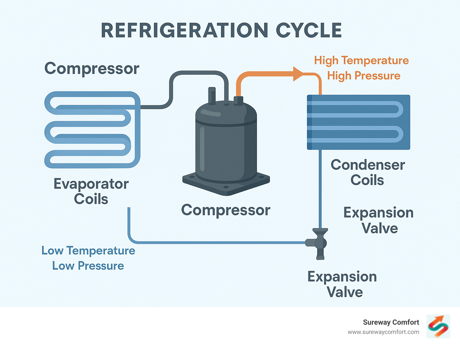 Detailed infographic showing the refrigeration cycle with the compressor at the center, including arrows showing refrigerant flow from compressor to condenser coils to expansion valve to evaporator coils and back, with labels for each component and temperature/pressure changes - ac compressor repair infographic 