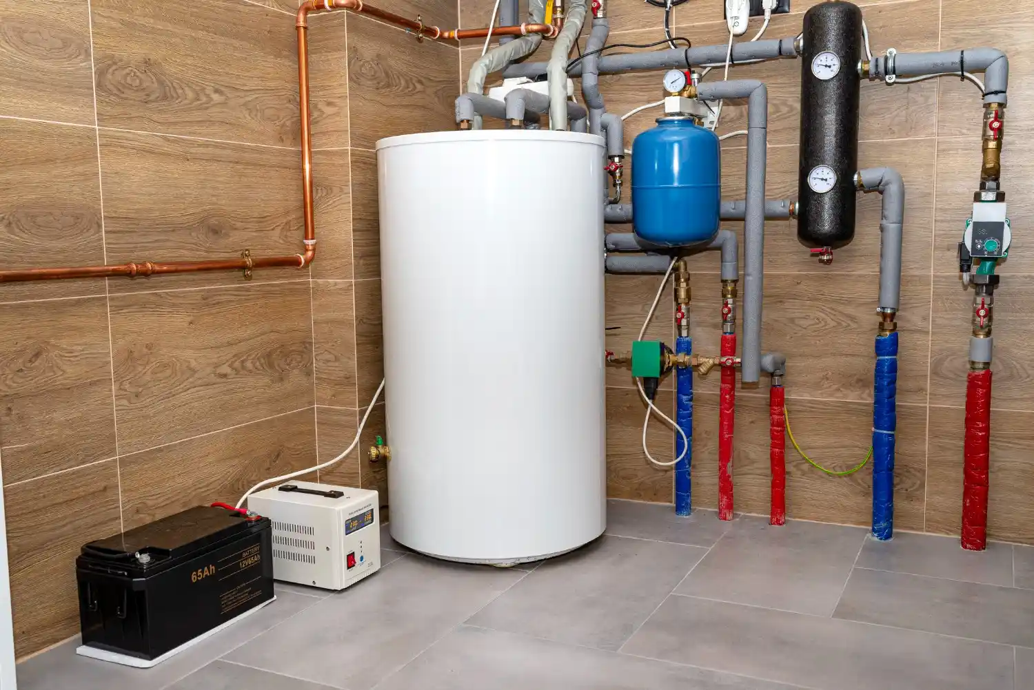 A new water heater is installed in a utility room with a wooden wall, copper pipes, a backup battery, and a blue expansion tank.