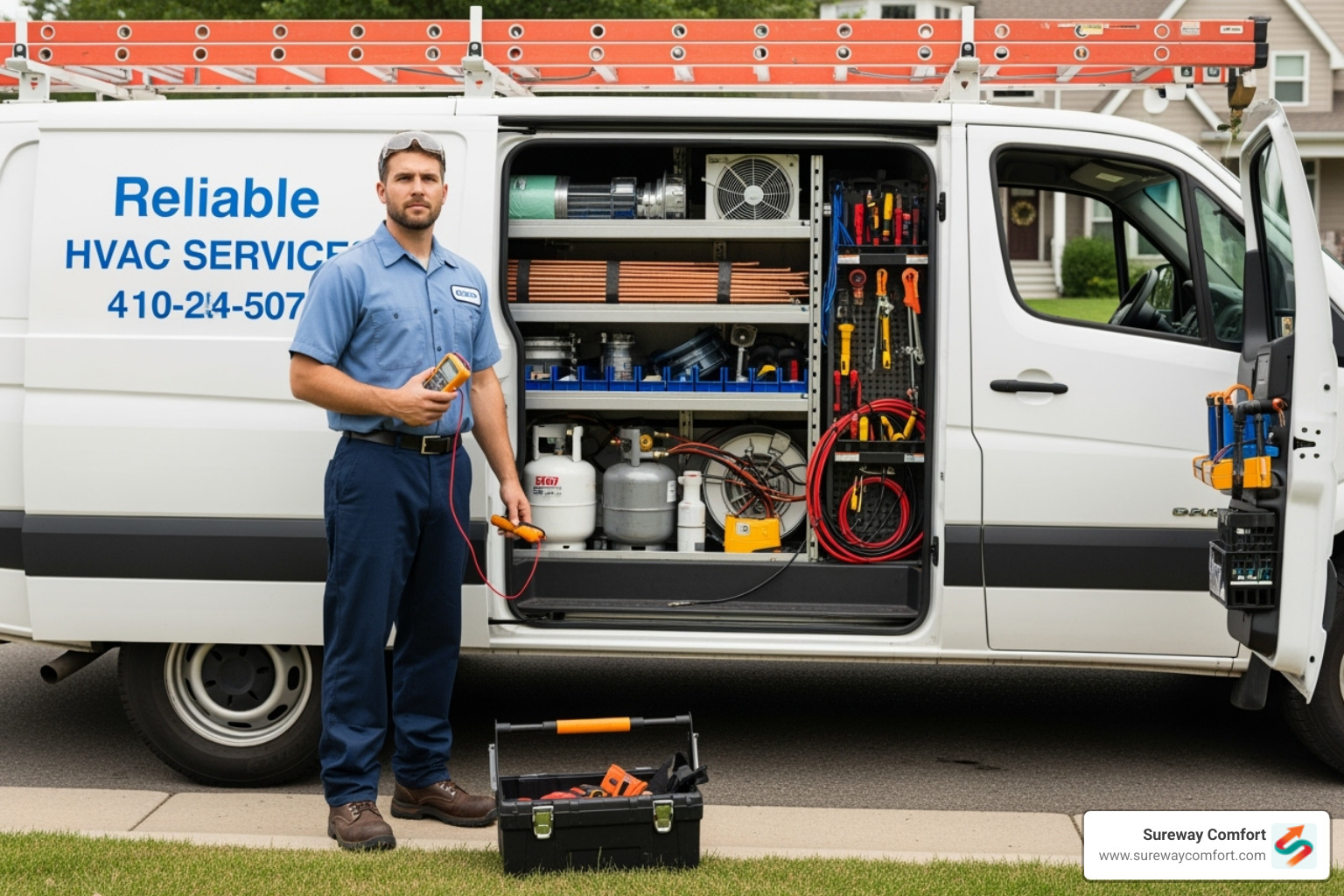 A technician standing next to a well-stocked service van, ready for AC repair - ac repair bethel park