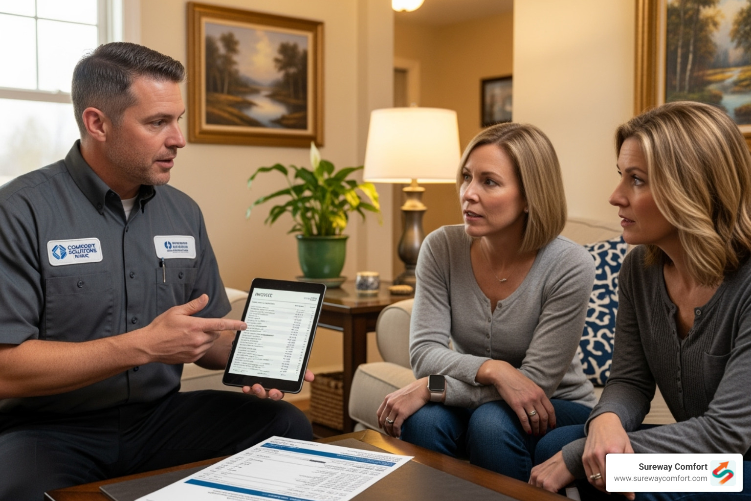 A technician explaining an invoice to a homeowner, highlighting transparency in AC repair costs - ac repair bethel park