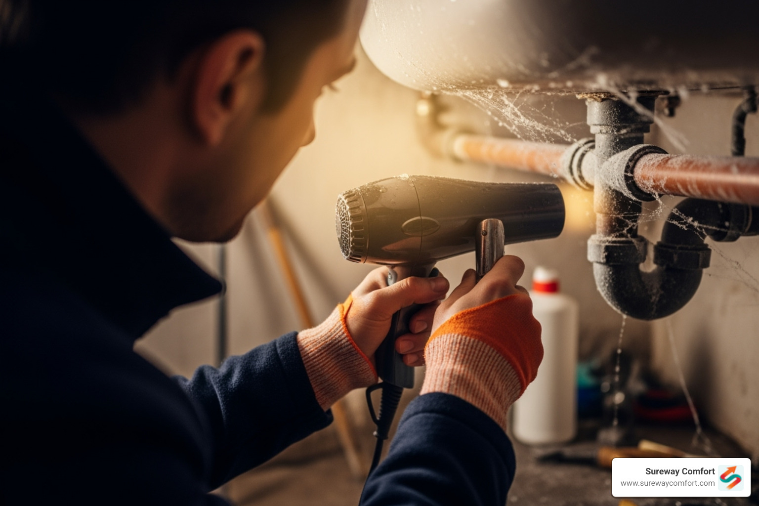 person safely using a hairdryer on a low setting to warm a pipe - frozen pipe repair