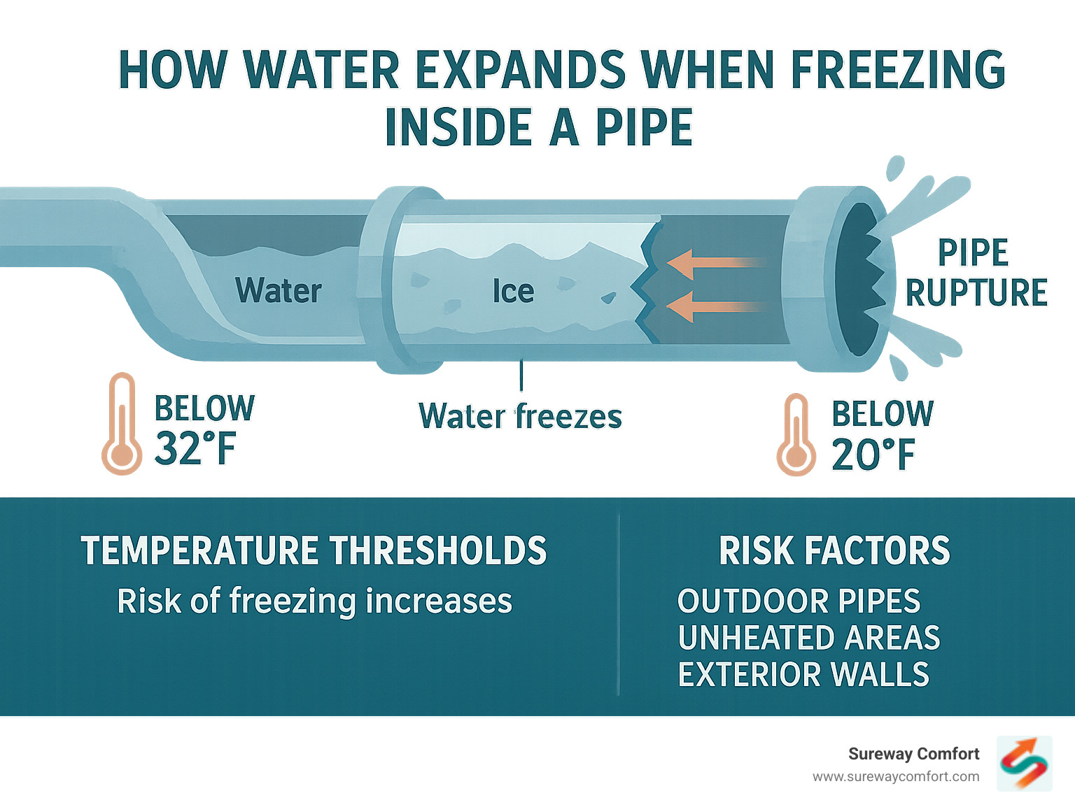 Infographic showing how water expands when freezing inside a pipe, creating pressure buildup that leads to pipe rupture, with temperature thresholds and risk factors for different pipe locations - frozen pipe repair infographic 