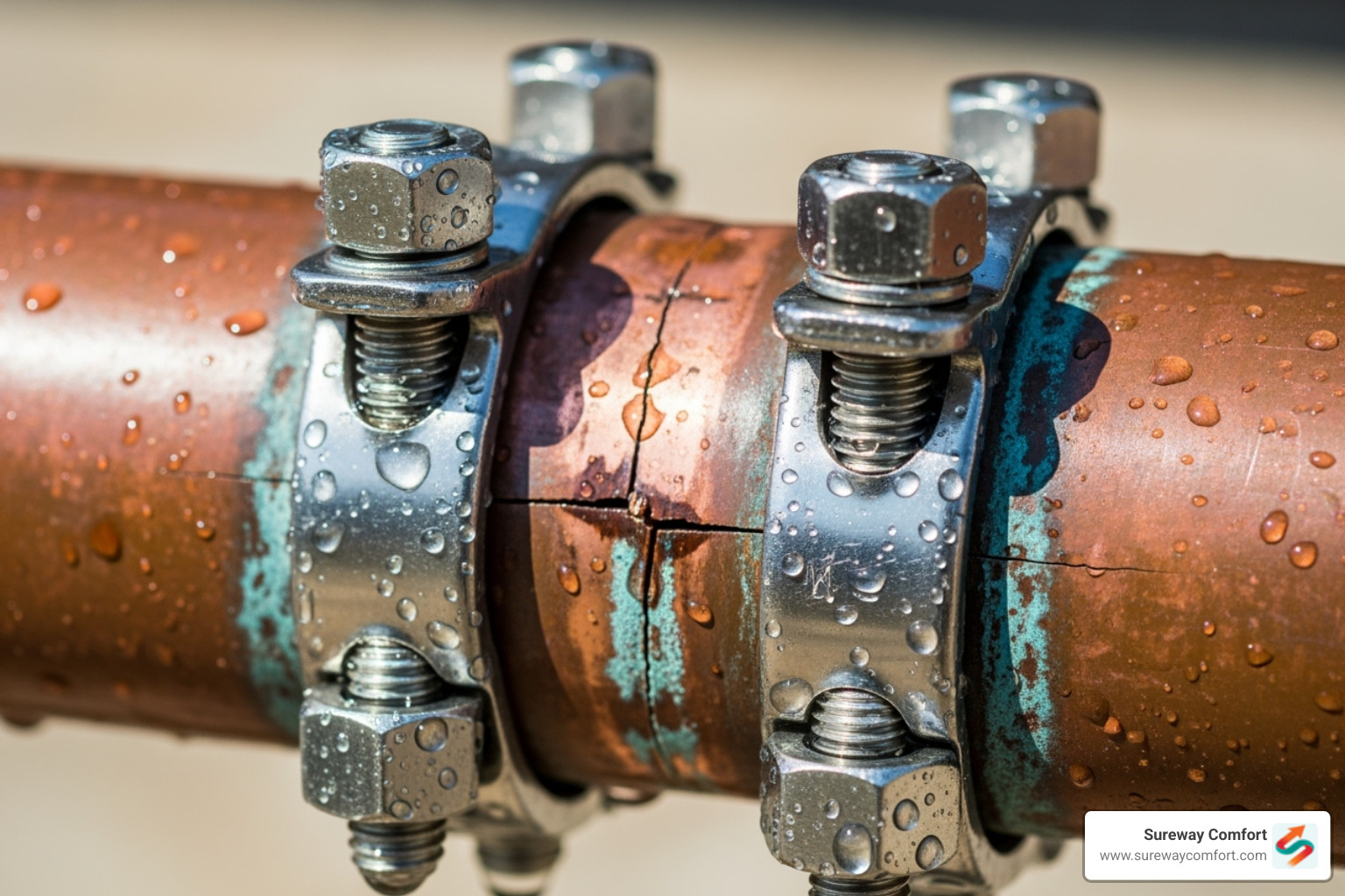 pipe repair clamp secured over a small crack in a copper pipe - frozen pipe repair
