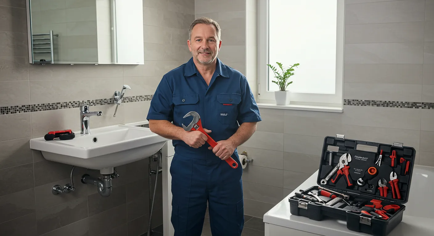 A smiling male plumber in a blue uniform is standing in a bathroom, holding a large red wrench, with an open toolbox on a counter next to him.