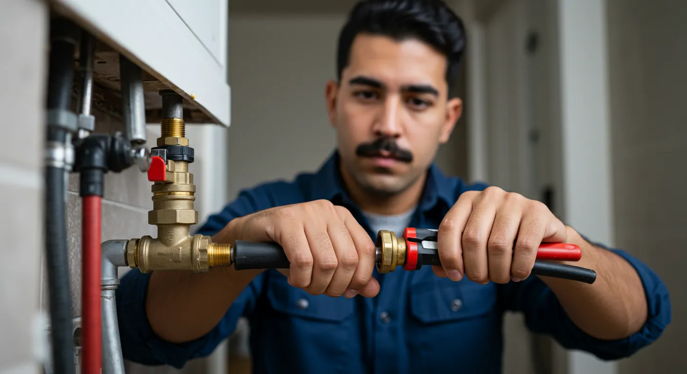A focused plumber is using a wrench to work on the copper and black pipes of a water heater.