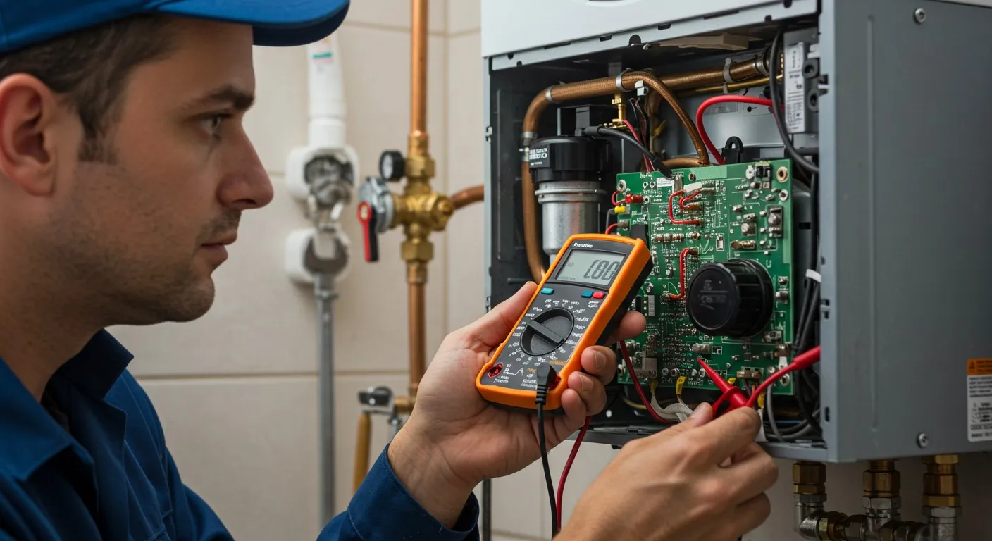 A technician in a blue cap is using an orange multimeter to test the circuit board and wiring inside a tankless water heater.