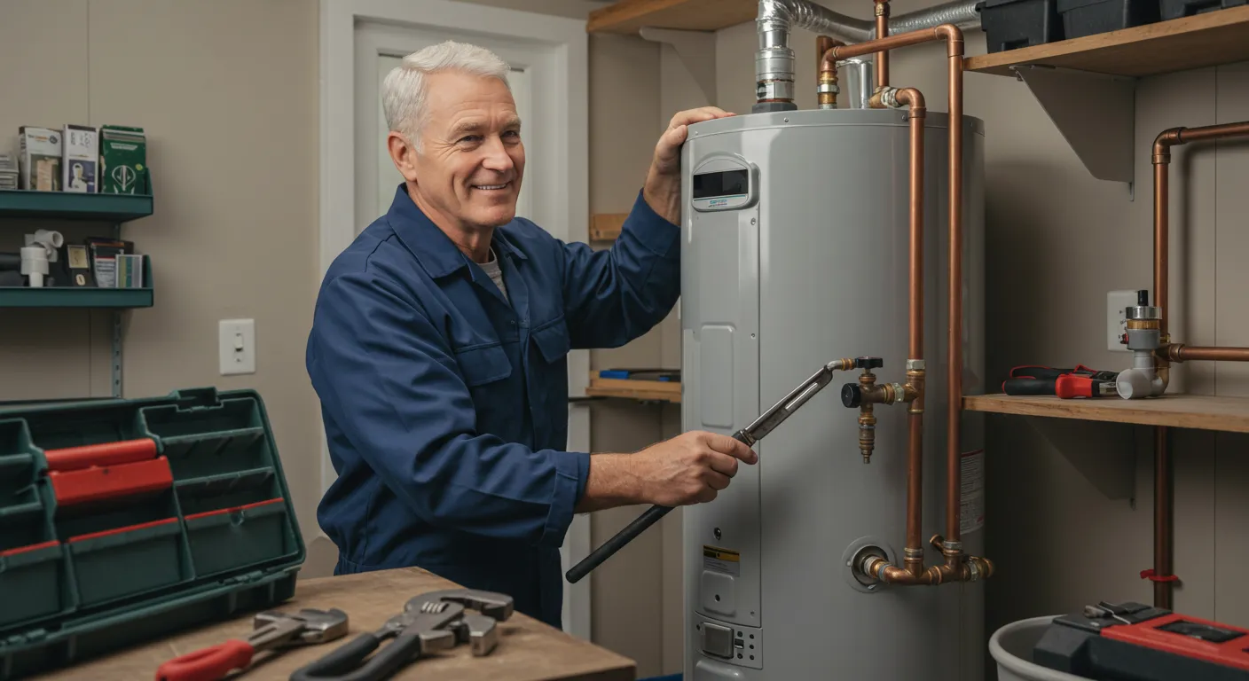 A smiling, older male plumber is holding a wrench and inspecting a gray water heater in a utility room.