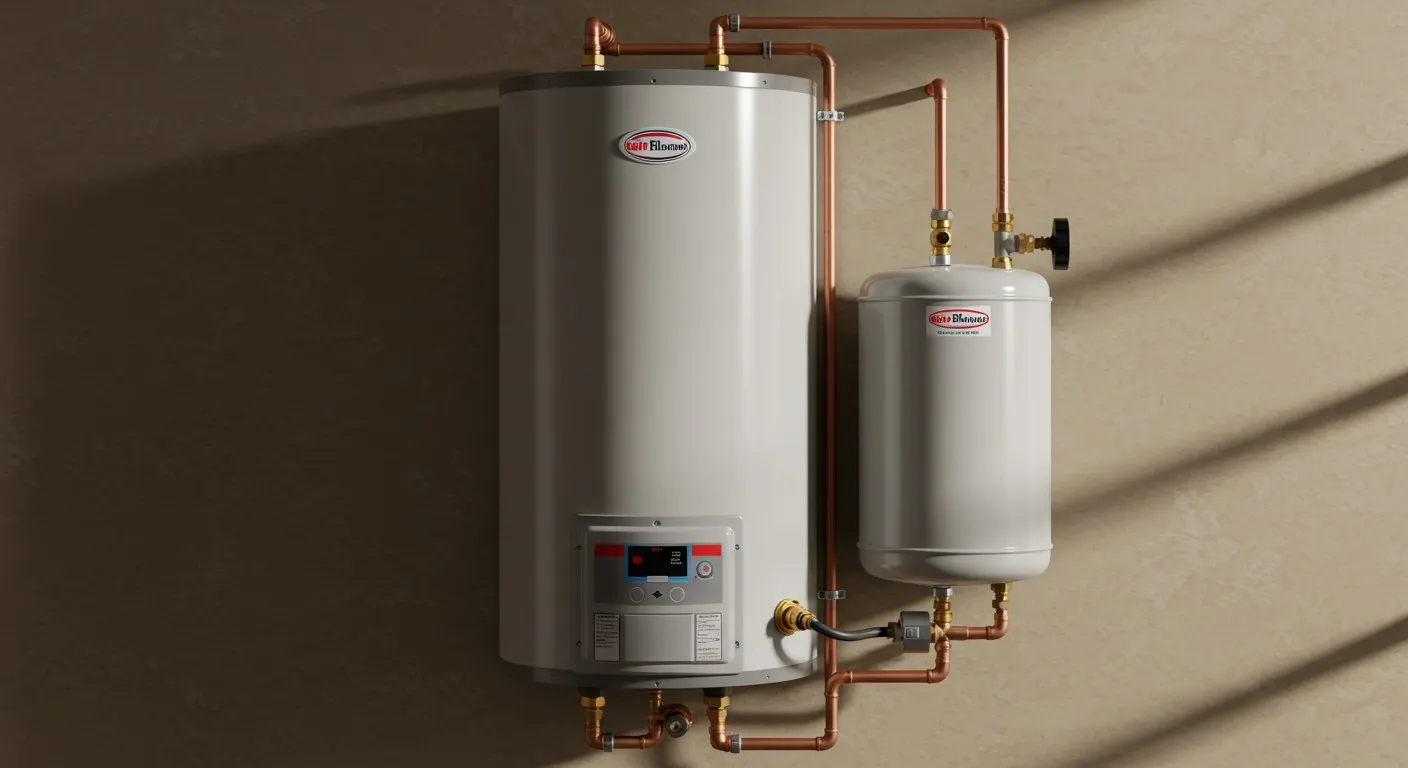 A tall, gray "Best Thermo" water heater and a smaller gray expansion tank are mounted on a beige wall, connected by a network of copper pipes.