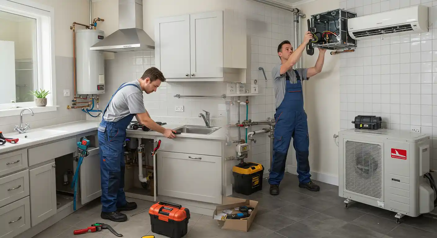 Two male technicians in blue overalls are working in a modern-looking kitchen. One technician is standing under the sink, looking at the plumbing. The other is standing on the right side of the image, working on a wall-mounted HVAC unit. The room has white cabinets, a tiled wall, a kitchen sink, a water heater, and a large air conditioning unit on wheels. Tools and toolboxes are visible on the floor, suggesting a repair or installation is in progress.