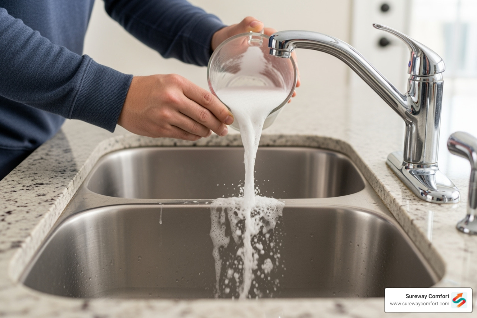 Image of a person pouring a baking soda and vinegar solution down a sink drain. - Drain cleaning Bethel Park