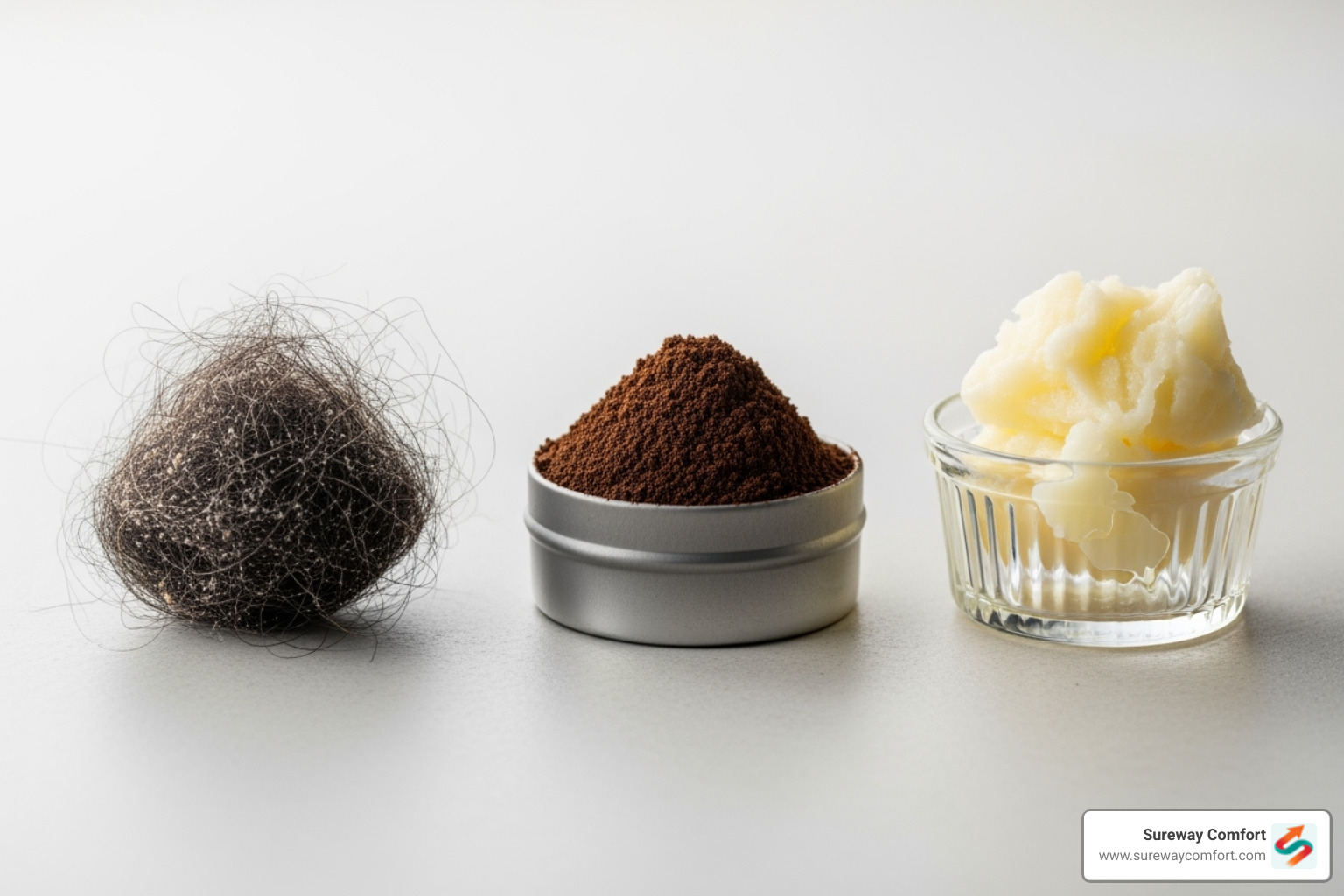 Image of common items that clog drains, like a clump of hair, coffee grounds, and cooking grease in a container. - Drain cleaning Bethel Park