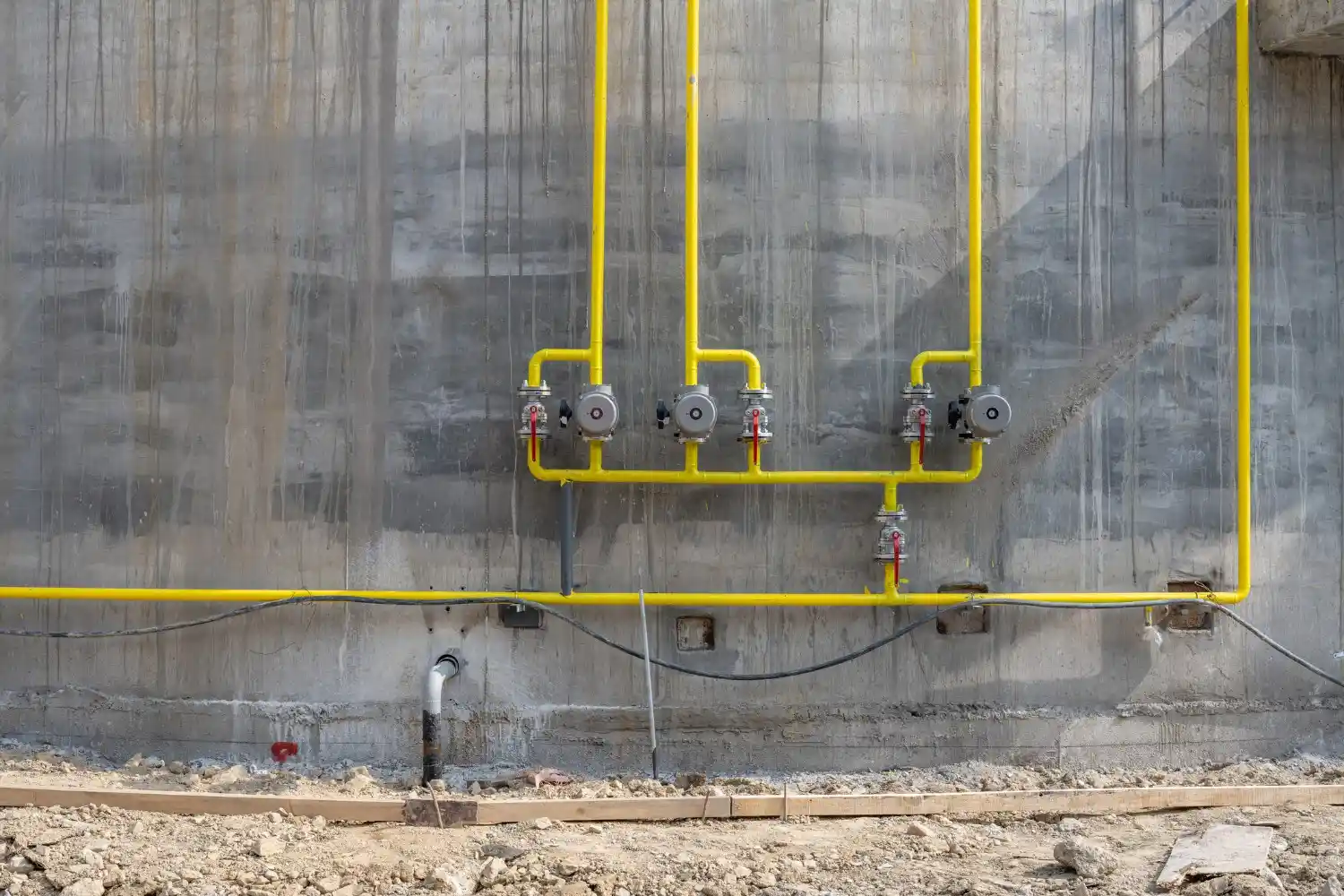 A complex system of bright yellow gas pipes with red valves is installed on a gray concrete wall.