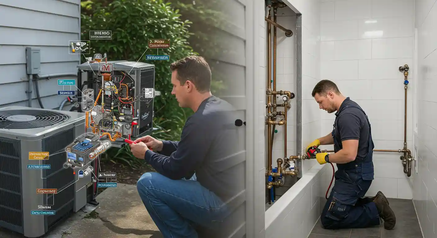 A split image shows two different scenarios related to home services. On the left, a technician is crouched down working on an outdoor HVAC unit with a digital overlay showing the internal components and labels. On the right, a second technician is kneeling beside a bathtub, working on the exposed plumbing and pipes along the wall. Both technicians are male and are dressed in professional attire, performing repair or maintenance tasks.