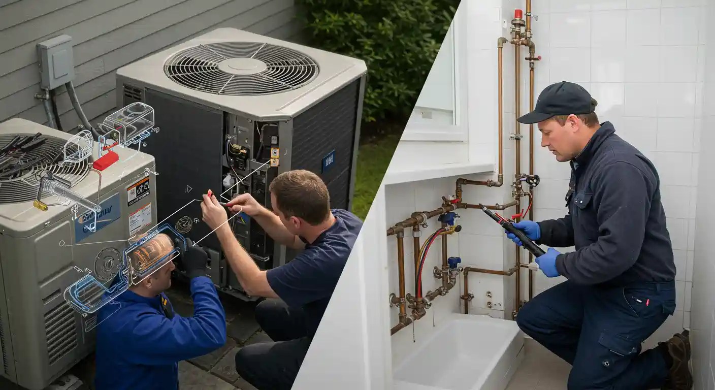A split image shows two different scenarios related to home services. On the left, two male technicians are crouched down, working on an outdoor HVAC unit. A digital overlay of wiring and components is visible, suggesting a technical or diagnostic task. The technician on the right is wearing a dark blue shirt, and the one on the left is wearing a blue uniform. On the right, a third technician is kneeling in a bathroom, wearing a dark shirt and a cap, working on exposed copper and brass pipes above a bathtub. He is holding a tool and wearing blue gloves.