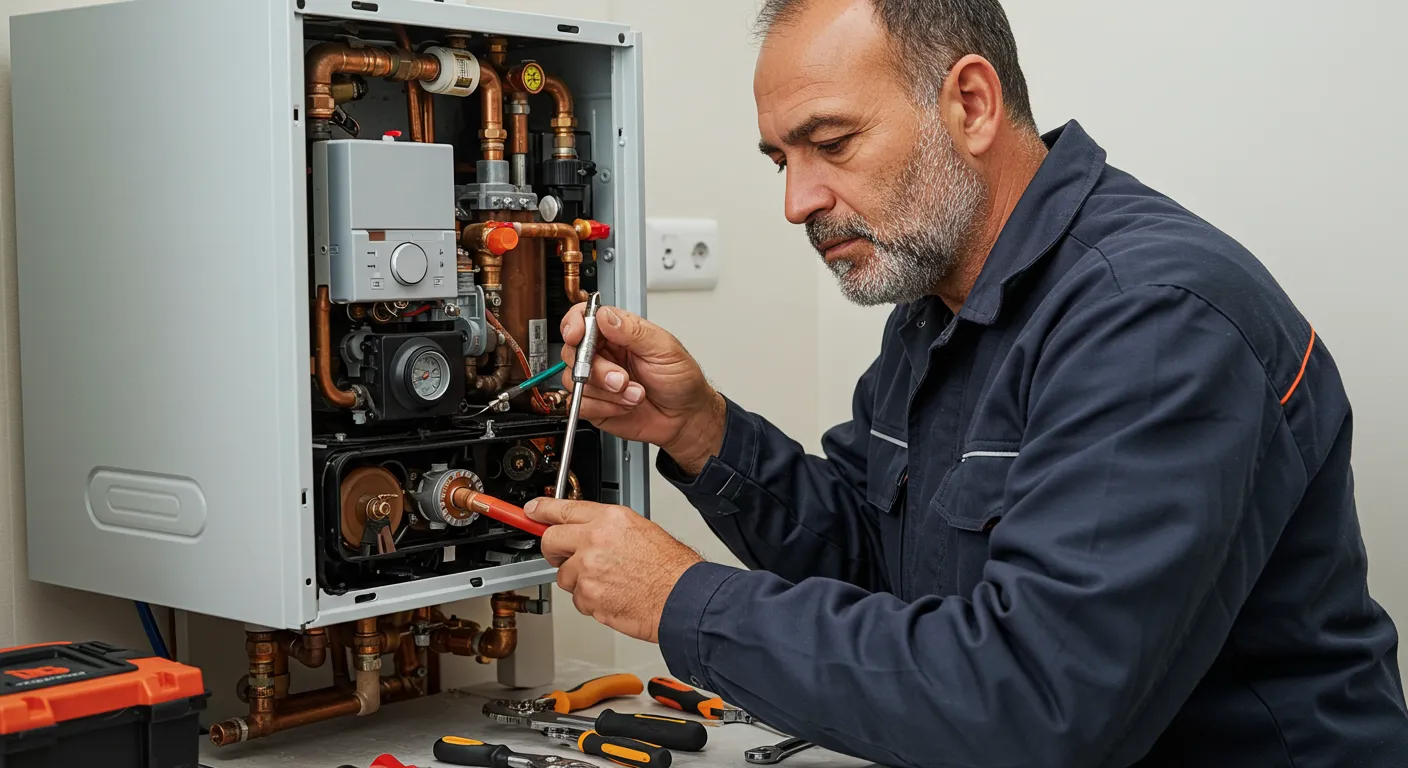 Technician repairing boiler