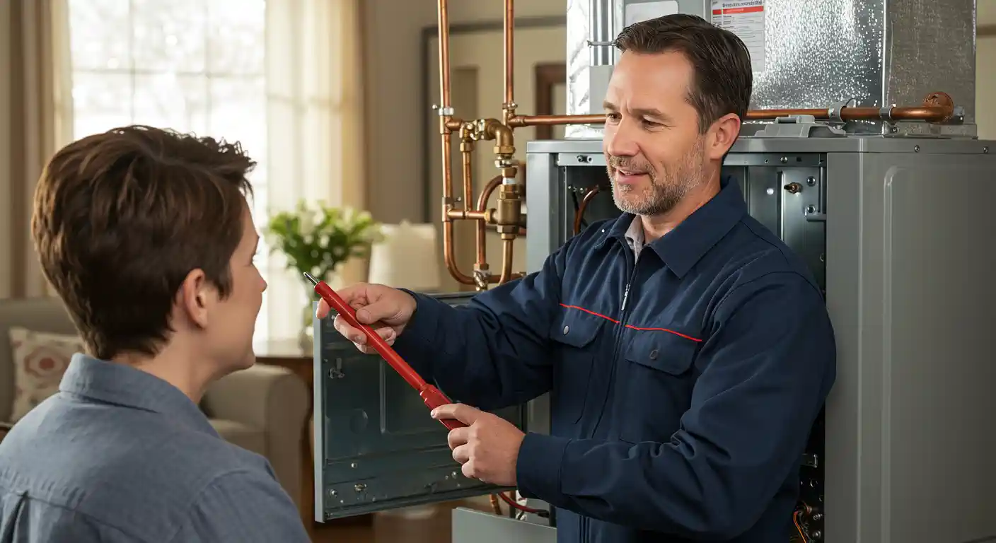  A male HVAC technician with a beard is smiling and explaining something to a customer. He is holding a red tool and is standing in front of a furnace or air handler with its internal components visible. The technician is wearing a dark blue uniform. The customer, whose back is to the camera, is wearing a light blue shirt. The setting is indoors, with a living room visible in the background.