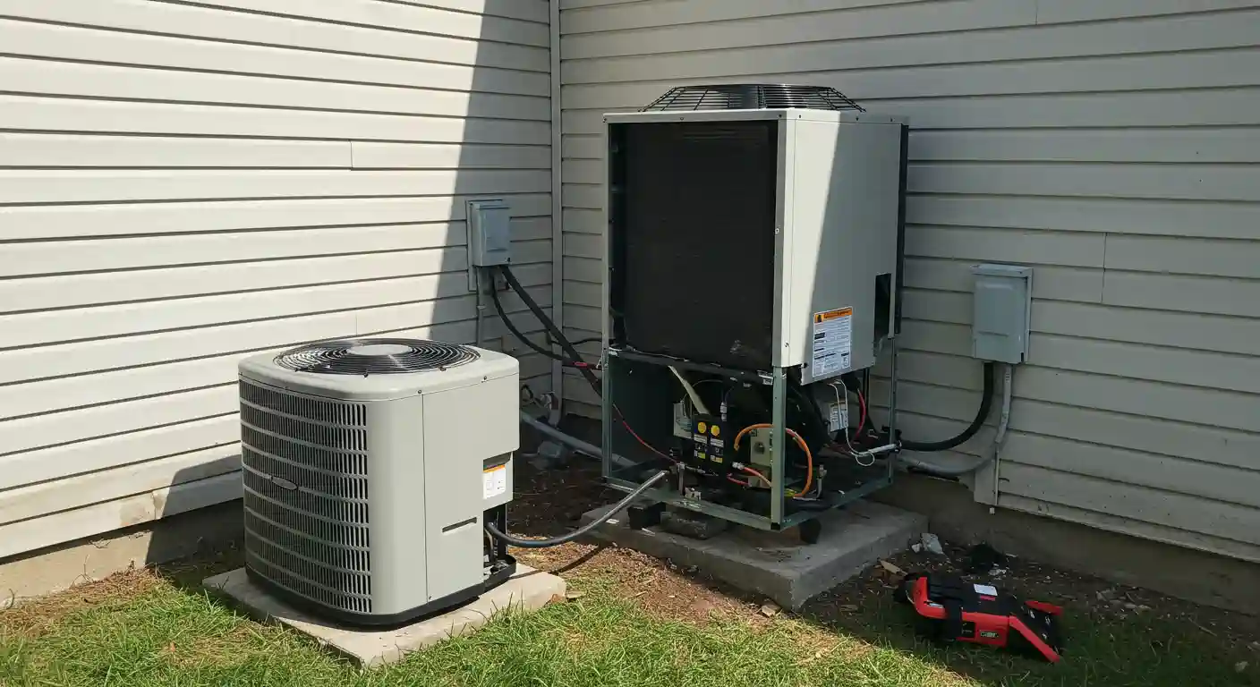 a photograph of two outdoor HVAC (Heating, Ventilation, and Air Conditioning) units situated next to a house with light-colored siding. The unit on the left is a standard, fully enclosed heat pump or air conditioner condenser unit, with a fan on top. The unit on the right is a larger, rectangular cabinet, partially disassembled or in a state of installation, with a side panel removed to reveal internal components like coils, wiring, and pipes. Both units are sitting on what appears to be concrete or composite pads. Electrical conduits and refrigerant lines run from the units into the house wall. A red and black tool bag or box is on the ground near the base of the larger unit. The photo seems to be taken during an HVAC replacement or repair, given the open cabinet and the new-looking units.