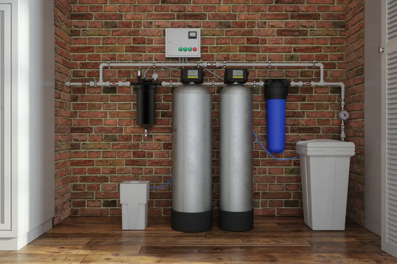 A complete home water filtration system is installed against a red brick wall, featuring two large silver tanks, a black filter, a blue filter, and a small control panel.