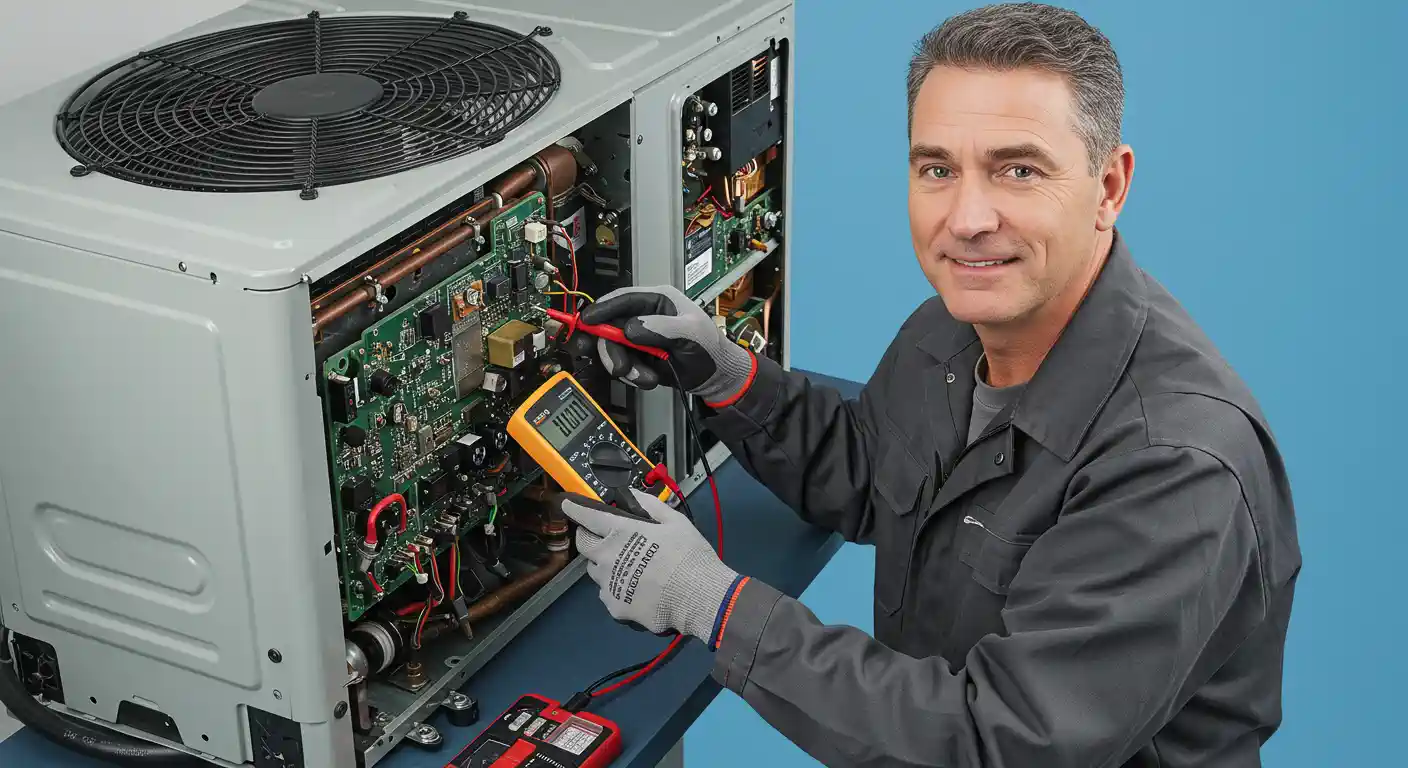  A waist-up studio shot of a smiling male technician in a dark gray work jumpsuit and gray gloves, working on a gray HVAC unit. The front panel of the unit is open, revealing an intricate green circuit board with various wires and components. The technician is holding a yellow multimeter and is using its probes to test a part of the circuit board. A small red and black electrical device is on the table next to the unit. The background is a solid, light blue color. The man is looking directly at the camera.