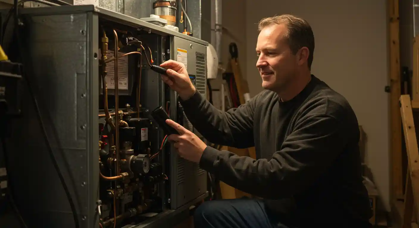  A side-profile, medium shot of a male technician with a clean-shaven face, wearing a dark gray sweater and jeans, as he works on a furnace. The man is crouching down and using a small flashlight to illuminate the interior of the unit while he uses a tool to adjust a component. The furnace is a gray, rectangular box with the front panel open, revealing a complex network of copper pipes, wires, and a gauge. The background is dimly lit, showing a room with light-colored walls and a wooden staircase. The technician is smiling and appears focused on his work.
