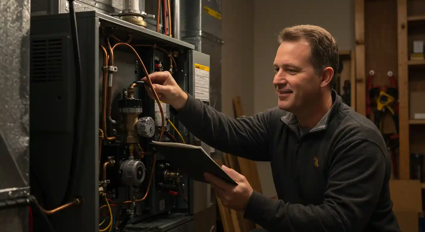  A side-profile, medium shot of a male technician with a clean-shaven face and graying hair, wearing a dark gray sweater, as he works on a furnace. He is holding a tool in his right hand and a clipboard or tablet in his left. The front panel of the gray unit is open, revealing a network of copper pipes, valves, and wires. The technician is smiling and appears to be explaining something about the unit. The background is a dimly lit basement or workshop with shelves.