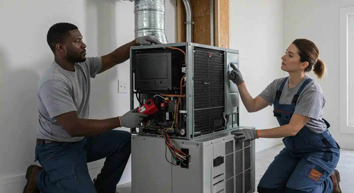 two HVAC technicians, a man and a woman, working on an indoor air conditioning unit. The male technician, on the left, is wearing a gray shirt and jeans and is holding a red-handled tool while leaning into the open unit. The female technician, on the right, is wearing a gray shirt and blue overalls, kneeling, and holding a panel on the side of the unit. The unit is a two-part system with a large, gray base and a top section with exposed internal components, including wires, pipes, and coils. The room has light-colored walls and a concrete floor.