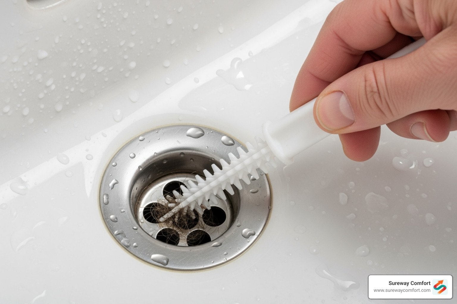 Plastic drain clearing tool being inserted into a bathroom sink drain - clogged bathroom sink Plastic drain clearing tool being inserted into a bathroom sink drain - clogged bathroom sink