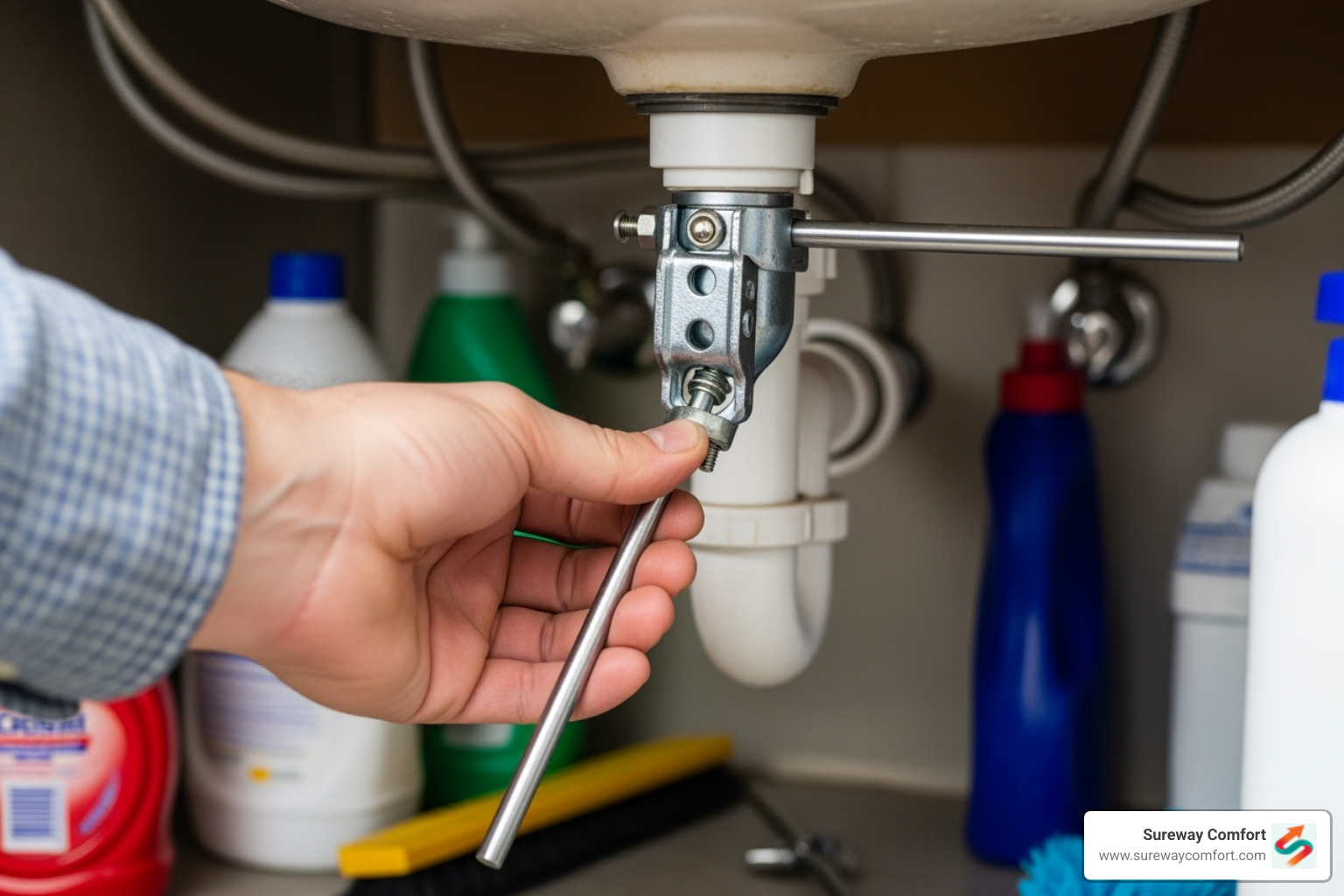 A hand removing a sink stopper mechanism from underneath a sink, showing the pivot rod and clevis strap - clogged bathroom sink A hand removing a sink stopper mechanism from underneath a sink, showing the pivot rod and clevis strap - clogged bathroom sink