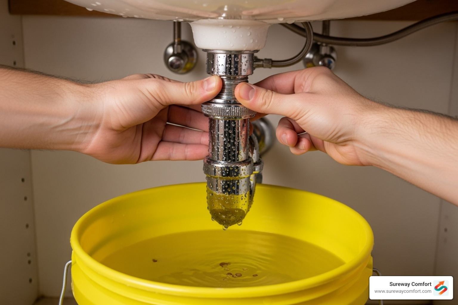 A P-trap being unscrewed from a sink drain, with a bucket positioned underneath to catch water and debris - clogged bathroom sink A P-trap being unscrewed from a sink drain, with a bucket positioned underneath to catch water and debris - clogged bathroom sink