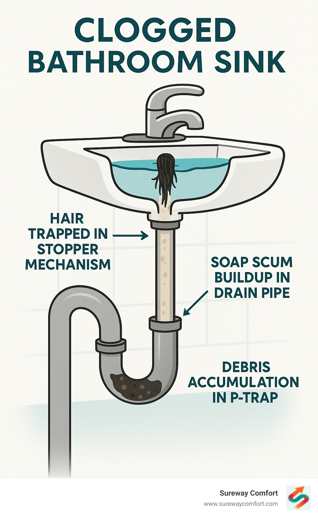 Detailed diagram showing common bathroom sink clog points including hair trapped in stopper mechanism, soap scum buildup in drain pipe, and debris accumulation in P-trap with labels and arrows - clogged bathroom sink infographic Detailed diagram showing common bathroom sink clog points including hair trapped in stopper mechanism, soap scum buildup in drain pipe, and debris accumulation in P-trap with labels and arrows - clogged bathroom sink infographic