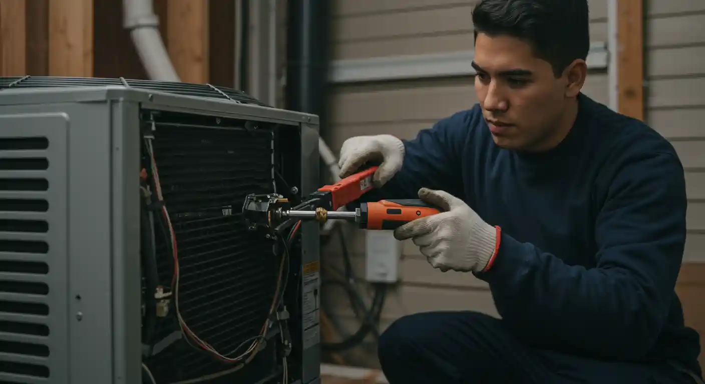  A medium close-up, eye-level shot of a young male HVAC technician working on an outdoor air conditioning unit. He is kneeling next to the unit, which has its front panel removed, exposing the internal fan and a black cooling coil. He is wearing a dark blue long-sleeved shirt and gray gloves and is using two tools—an orange and black screwdriver and a red wire stripper—to work on the unit's wiring. His expression is one of concentration as he looks at the components. The background is a mix of wooden studs and beige siding, suggesting the unit is in a garage or on a porch. The lighting is dim but focused on the subject, creating a professional and serious tone.