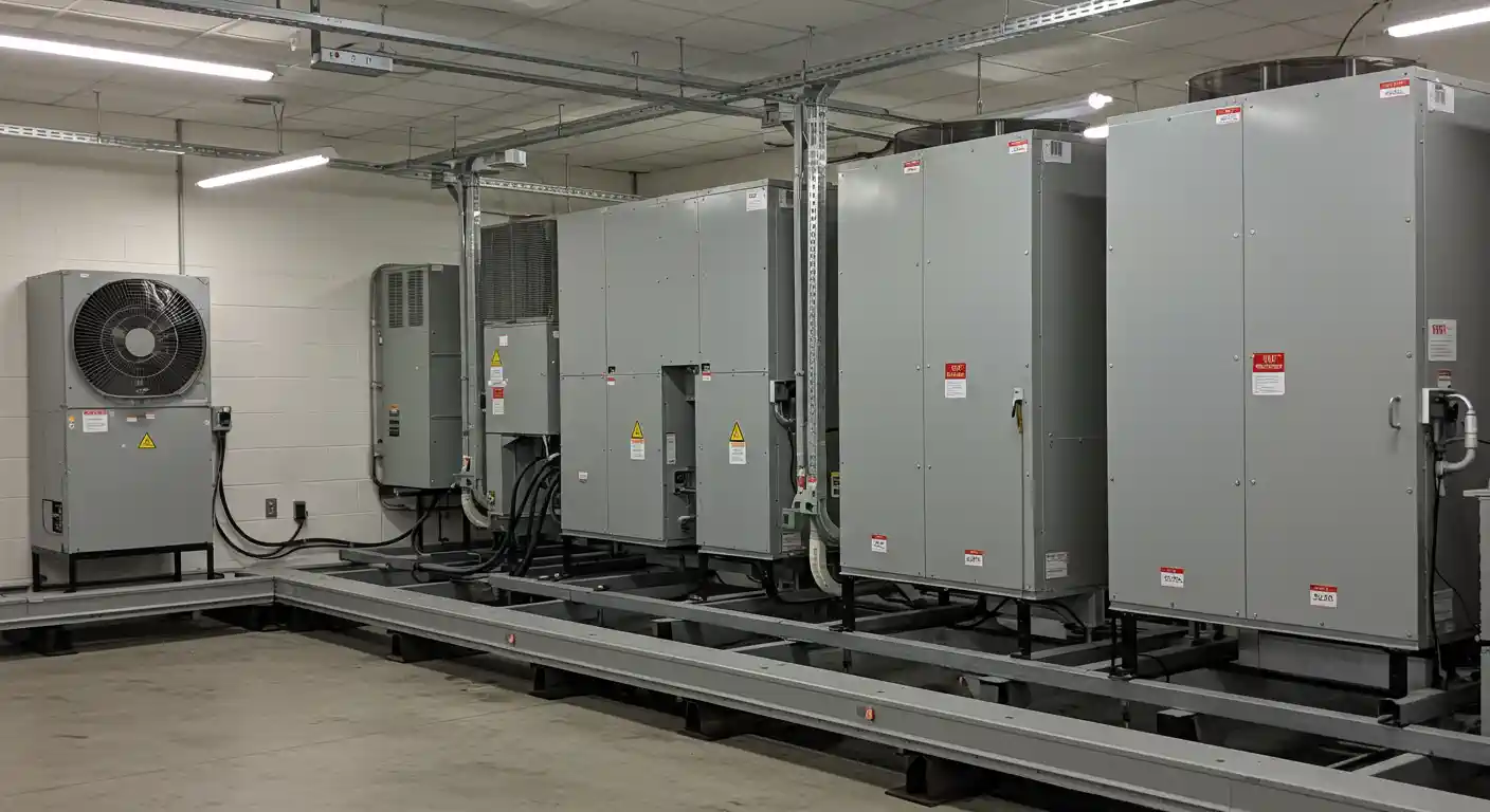 A wide-angle, low-angle shot of a series of large, rectangular gray commercial HVAC (Heating, Ventilation, and Air Conditioning) units lined up in a row in a clean mechanical room. The units are elevated on black metal frames, and a long, light gray metal track or rail system runs along the floor in front of them. The walls are white, and the ceiling has multiple linear fluorescent or LED light fixtures. A large, gray unit with a circular fan grill is visible to the far left. A complex network of pipes and electrical conduits is suspended from the ceiling and runs along the units. The scene has a very clean, organized, and industrial aesthetic.